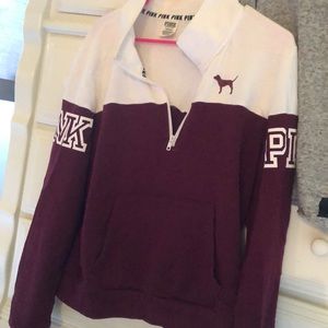 Maroon and white PINK quarter zip  sweatshirt
